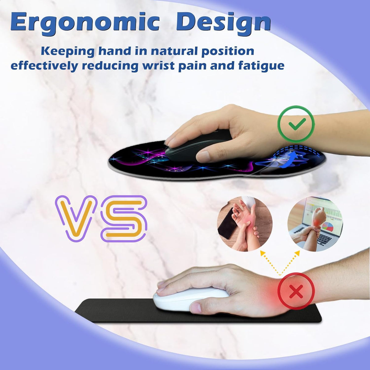 Wrist Mouse Pad, Non-Slip Ergonomic Mouse Pad with Gel Wrist Rest Support, Gaming Mouse Pad 8.7 X 7.5 Inches Pad for Computer, Laptop, Home, Office (Purple Blue Light)
